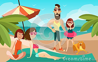 Family on a beach cartoon vector illustration. Summer vacation concept poster in cartoon style. People characters and Vector Illustration