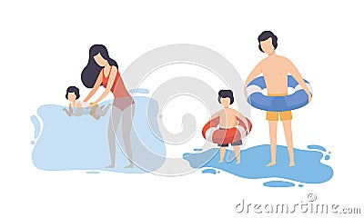 Family at Beach Scene with Father, Mother and Kid Swimming and Splashing in Water with Rubber Ring Vector Set Vector Illustration