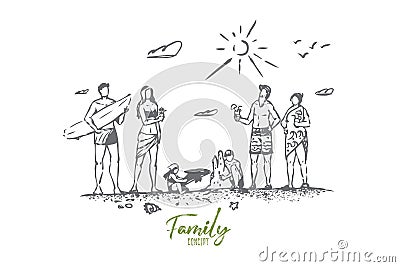 Family, beach, summer, sand, people concept. Hand drawn isolated vector. Vector Illustration