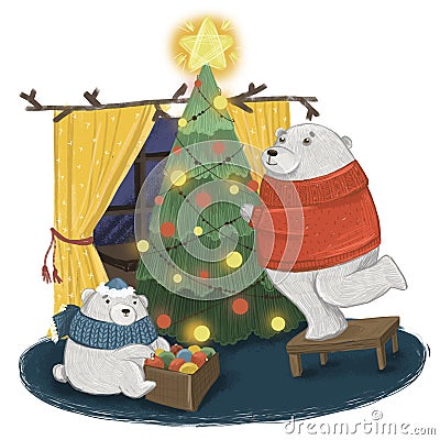 A family of bears decorate the Christmas tree Stock Photo