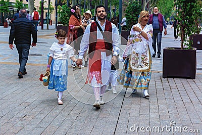 A family in beautiful traditional festive attire during the spring festival of Bando de la Huerta in Murcia, on April 22, 2019 Editorial Stock Photo