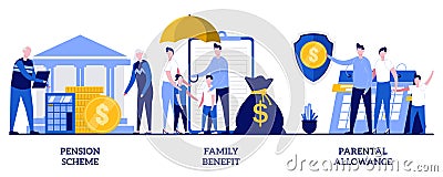 Family benefit, pension scheme, parental allowance concept with tiny people. Social security payments abstract vector illustration Cartoon Illustration