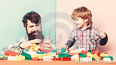 Family is Best. small boy with dad playing together. happy family leisure. father and son play game. building home with Stock Photo