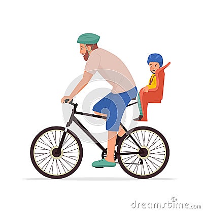 Family bike. Child with father together ride on bicycle. Happy travel of dad with son. Two people in helmets and sportswear on Stock Photo