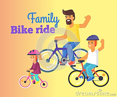 Family Bike Ride with Dad, Little Daughter and Son Vector Illustration