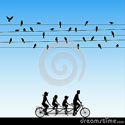 Family on bike tandem under birds on wires Vector Illustration