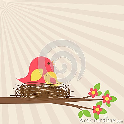 Family of birds in nest on blooming branch Vector Illustration