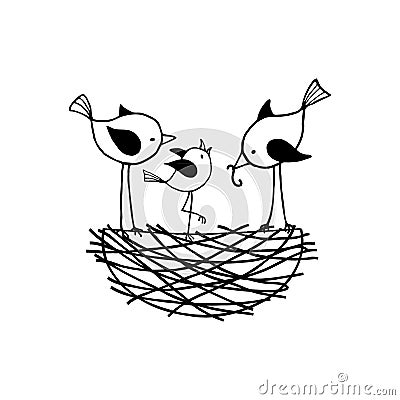 Family of birds in the nest. Vector Illustration