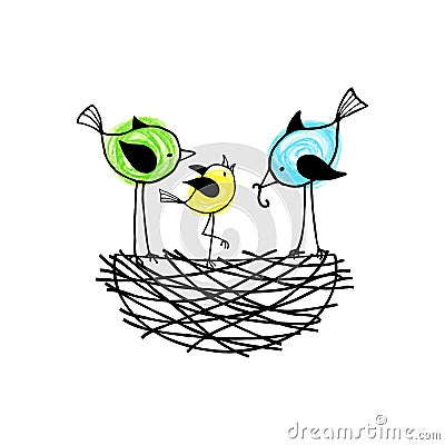 Family birds in a nest, the parents feed their nestling. Vector Illustration