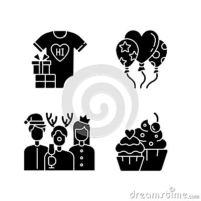 Family birthday celebration black glyph icons set on white space Cartoon Illustration