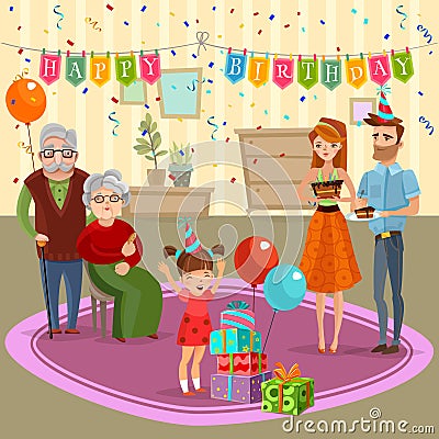 Family Birthday Home Celebration Cartoon Illustration Vector Illustration