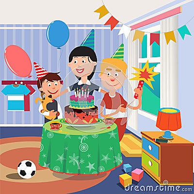 Family Birthday Party. Boy with Dog Vector Illustration