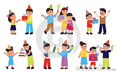 Family birthday party. Parents and children, people with gifts and balloons. Isolated celebration adults, kids. Cute Vector Illustration