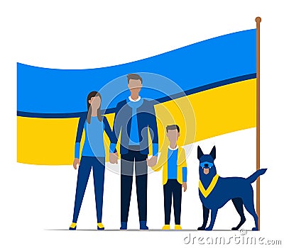 Family in blue and yellow clothing with dog standing before large flag. Patriotic family portrait with pet, unity and Vector Illustration