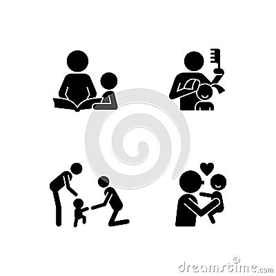 Family bonding time black glyph icons set on white space Vector Illustration