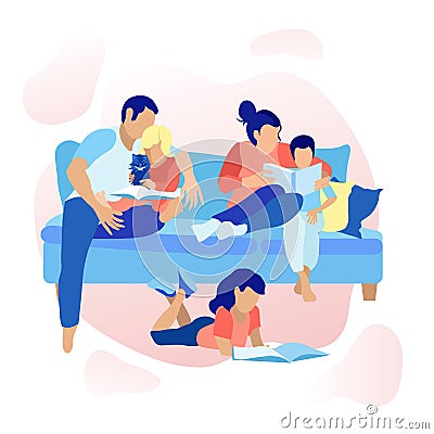 Family Book Reading at Home Cartoon Illustration Vector Illustration