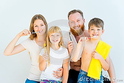 Family brushing teeth Stock Photo