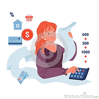 Family budget calculation, woman with calculator and invoice receipt calculating balance Vector Illustration