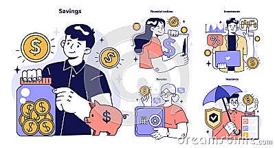 Family budgeting set. Money savings on bank account, future investment Vector Illustration