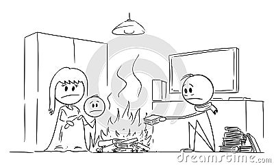 Family Burning Fire in Living Room, Suffering from Cold or Chilly Weather, Vector Cartoon Stick Figure Illustration Vector Illustration