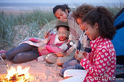 Family Camping On Beach And Toasting Marshmallows Stock Photo