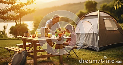 A Family Camping Table Set for Mealtime Enjoyment on Vacation Stock Photo