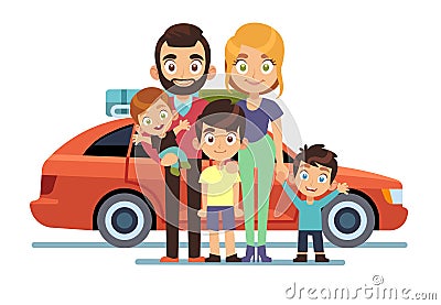 Family car. Happy young parents father mother kids pet auto lifestyle people automobile travel vacation road trip flat Vector Illustration