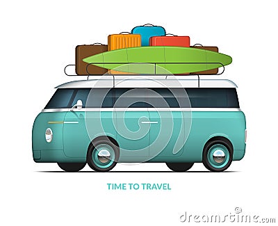 Family car with roof rack packed for the trip. Van in with surfboard Vector Illustration