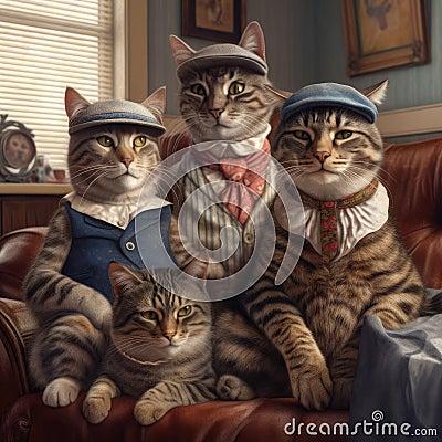 Family of cats in home interior and vintage clothes created with Generative AI Cartoon Illustration