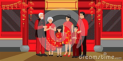 Family celebrating Chinese Lunar New Year. Vector illustration. Oriental traditional holidays design elements Vector Illustration