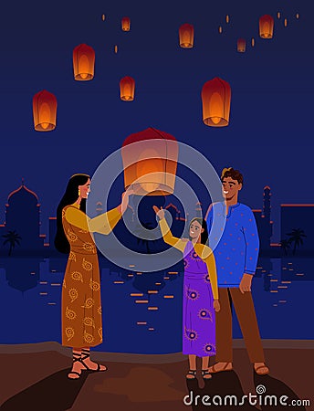 Family celebrating diwali festival Vector Illustration