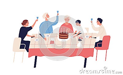 Family celebration of grandparents birthday. People sitting at table with cake, candles, raise glasses with beverage Vector Illustration