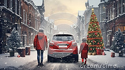 A family in the center of Groda at a car stopped in traffic, next to a large Christmas tree. Stock Photo
