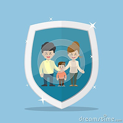 Family Character Inside The Insurance Shield Vector Illustration