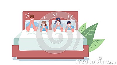 Family Characters Caught Flu Concept. Unhappy Sick Mom, Dad and Children Sitting in Bed Having Fever, Coughing, Sneezing Vector Illustration