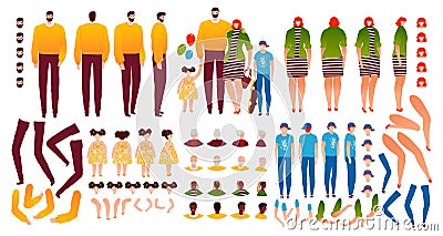 Family characters creation kit constructor with isolated legs, poses, faces, arms and parts of body for mother, father Vector Illustration