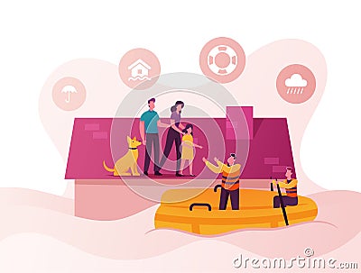Family Characters Need Help at Flood. Man, Woman, Little Girl and Dog Stand House Roof, Rescues on Boat Evacuate People Vector Illustration