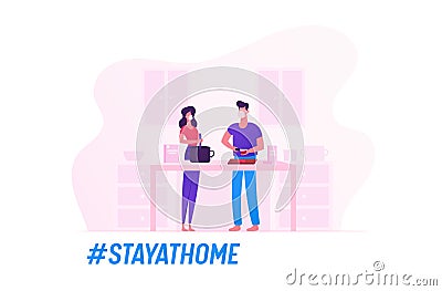 Family Characters Wearing Medical Masks Prepare Food Staying at Home during Quarantine Self Isolation Vector Illustration