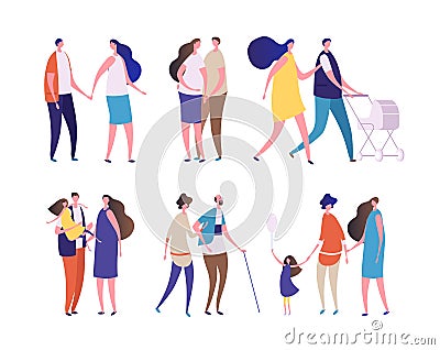 Family characters. Young age people, dad mom, grandpa grandma, children and teenagers. Parents kids, happy families Vector Illustration