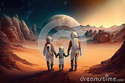 A family with a child dressed as astronauts hold hands standing on Mars, created with Generative AI technology Stock Photo