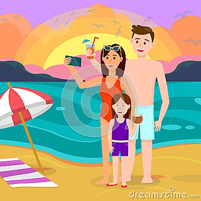 Family with Child on Sunset Seaside Background. Vector Illustration