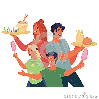 Family with children holding trays with fast food restaurant meals, flat vector isolated Vector Illustration