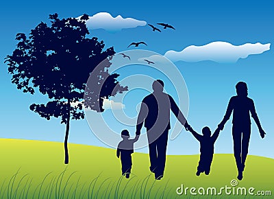 Family with children summer field Vector Illustration