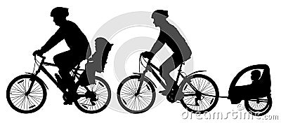 Family with children traveling on bikes. Mountain bike silhouette. Cyclist with a child stroller. Vector Illustration