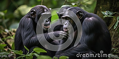 A family of chimpanzees grooming each other in a lush jungle, concept of Social hierarchy, created with Generative AI Stock Photo