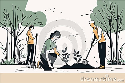 Family Chores Vector Silhouette gardening, planting and garden cleaning. Vector Illustration