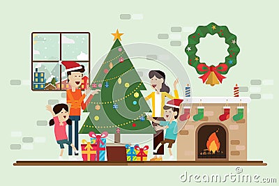 Family in the Christmas day and decoration in fireplace room Vector Illustration