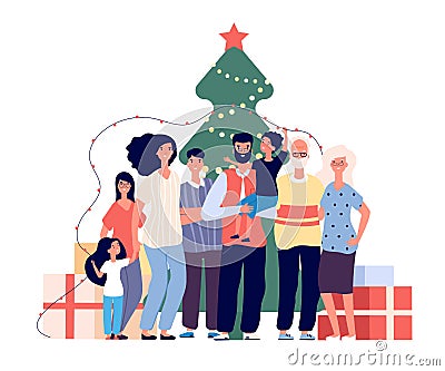 Family at christmas tree. Smiling adults and kids celebrate christmas at home. Xmas and winter holiday party vector flat Vector Illustration