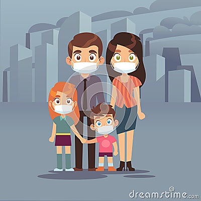 Family city smog. People protective face masks pollution air smog toxic industrial harmful waste dust mask n95 pm2, 5 Vector Illustration