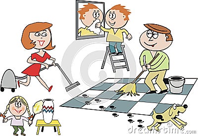 Family cleaning cartoon Vector Illustration